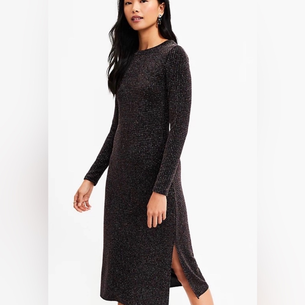 LOFT Black Shimmer Long Sleeve Dress